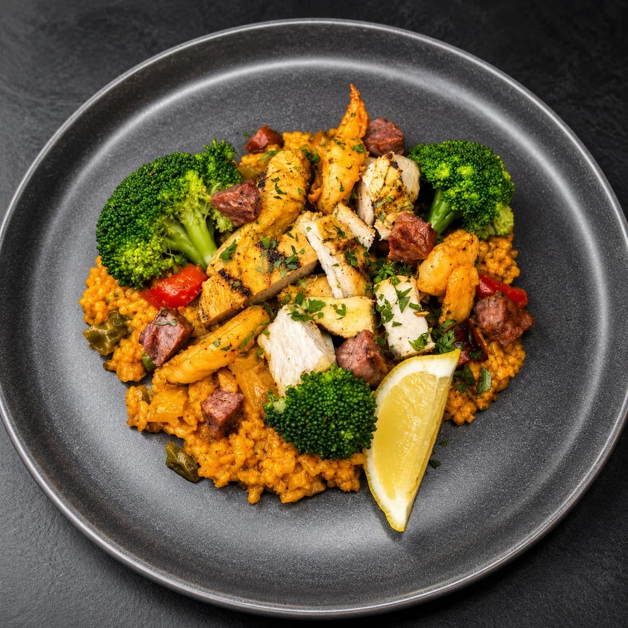 Land and Sea Paella — Chicken, Sausage & Shrimp w/ saffron rice, mixed veggies and steamed broccoli