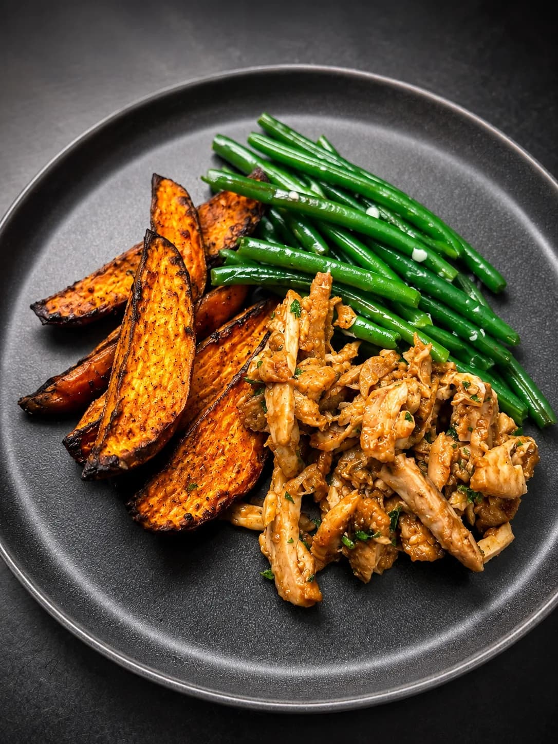 Roasted BBQ Chicken Thighs — Grilled BBQ chicken w/ roasted sweet potatoes, green beans & steamed carrot