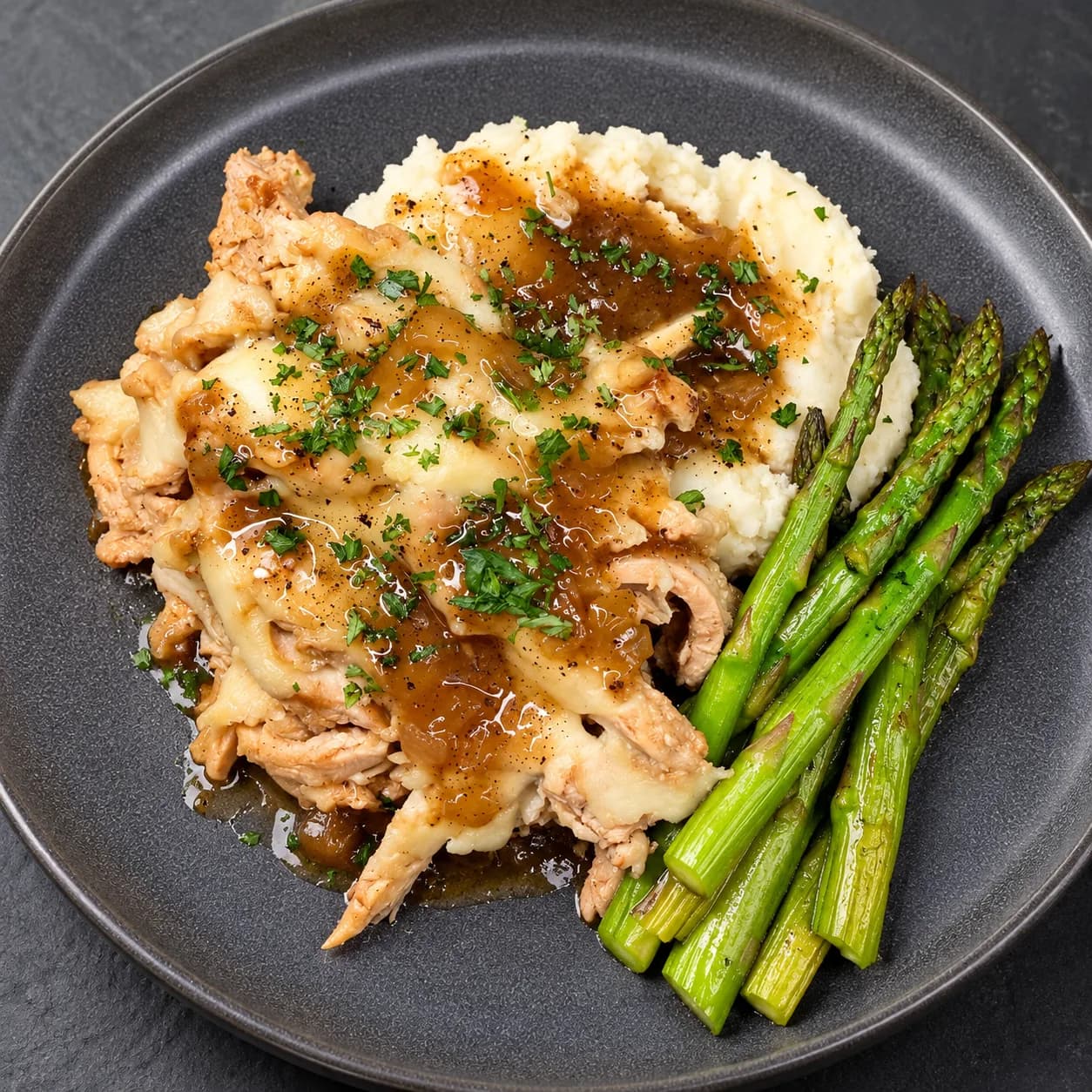 French Onion Chicken w/ boursin whipped potatoes and fresh asparagus