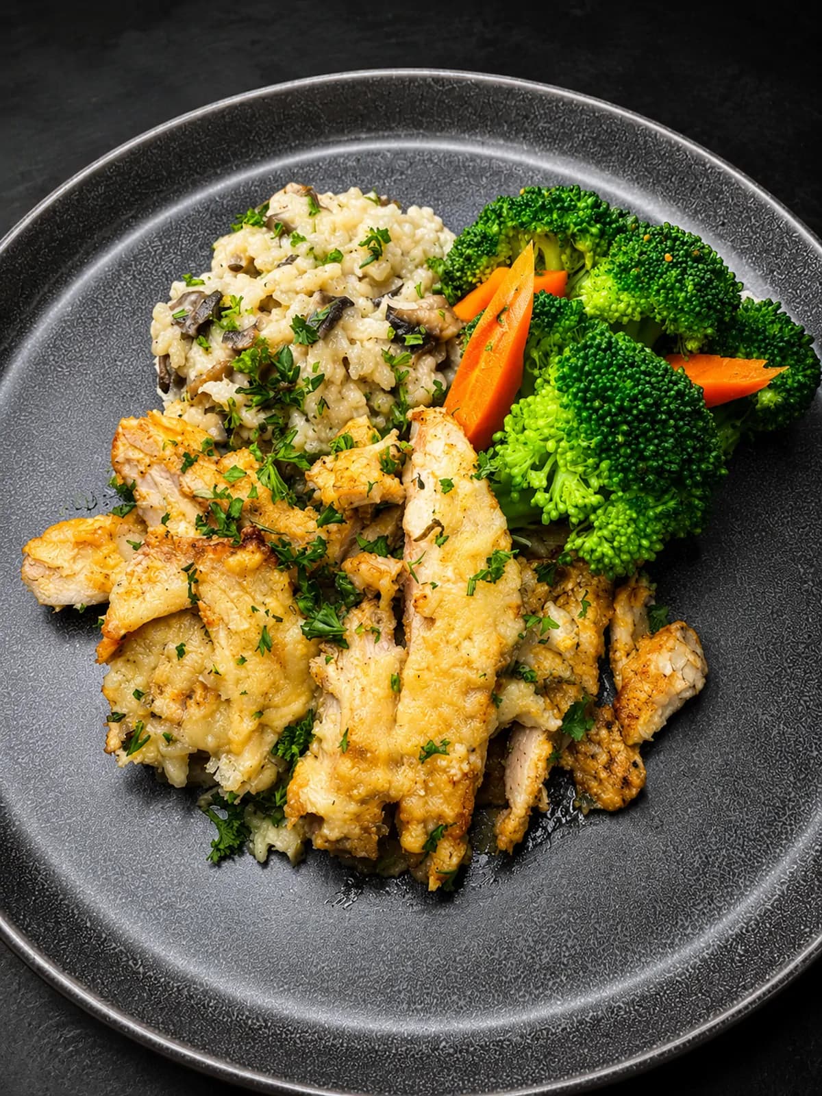Roasted Herb Chicken — Herb roasted chicken w/ wild mushroom cauliflower risotto, fresh herbs and steamed Broccoli -