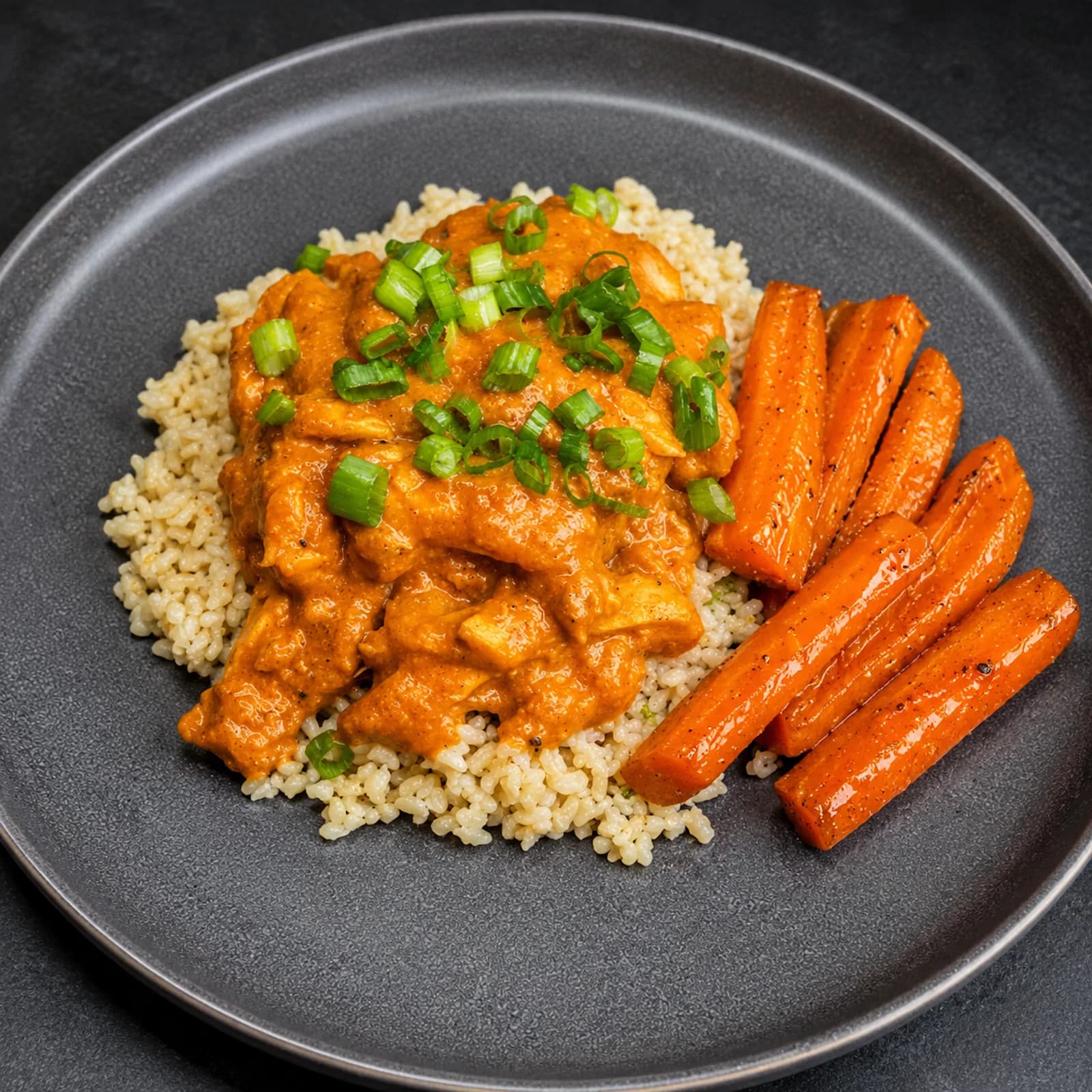 Indian Butter Chicken — Roasted chicken, Scallion rice pilaf, honey roasted carrots