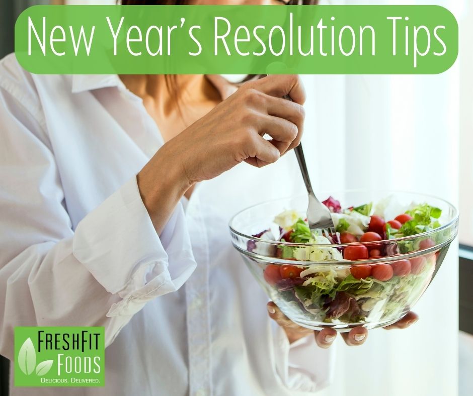 Healthy eating resolutions blog photo of a woman eating a salad.