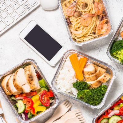 Prepared meals on a work table