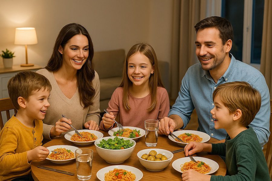 Family having dinner to illustrate how busy families benefit from prepared meals delivered.
