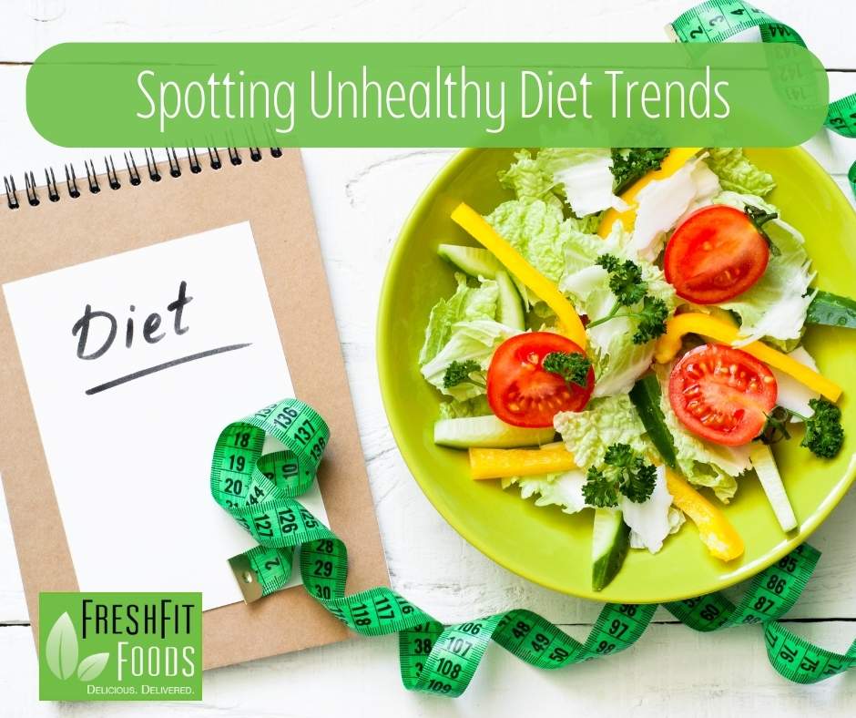 A photo with a clipboard, salad and measuring tape representing a bad diet trend.