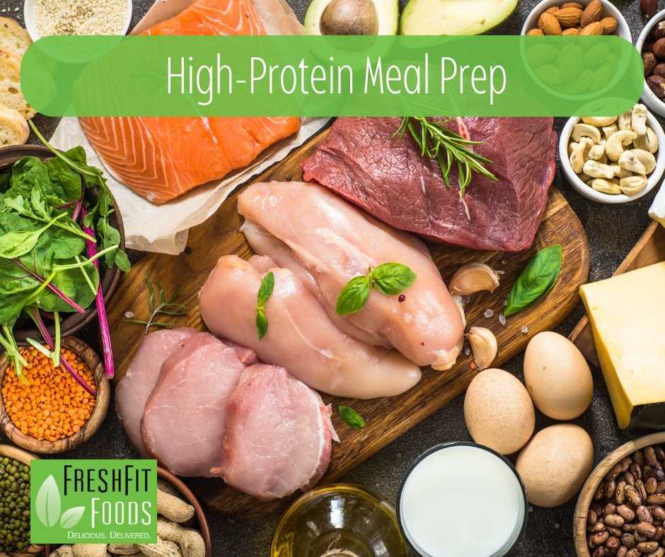 A lineup of several protein items that could be included in high-protein meal prep.