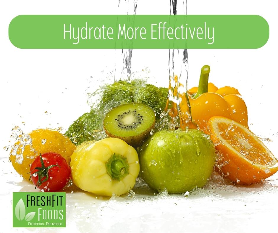 Healthy Hydration represented by healthy foods splashing in water.