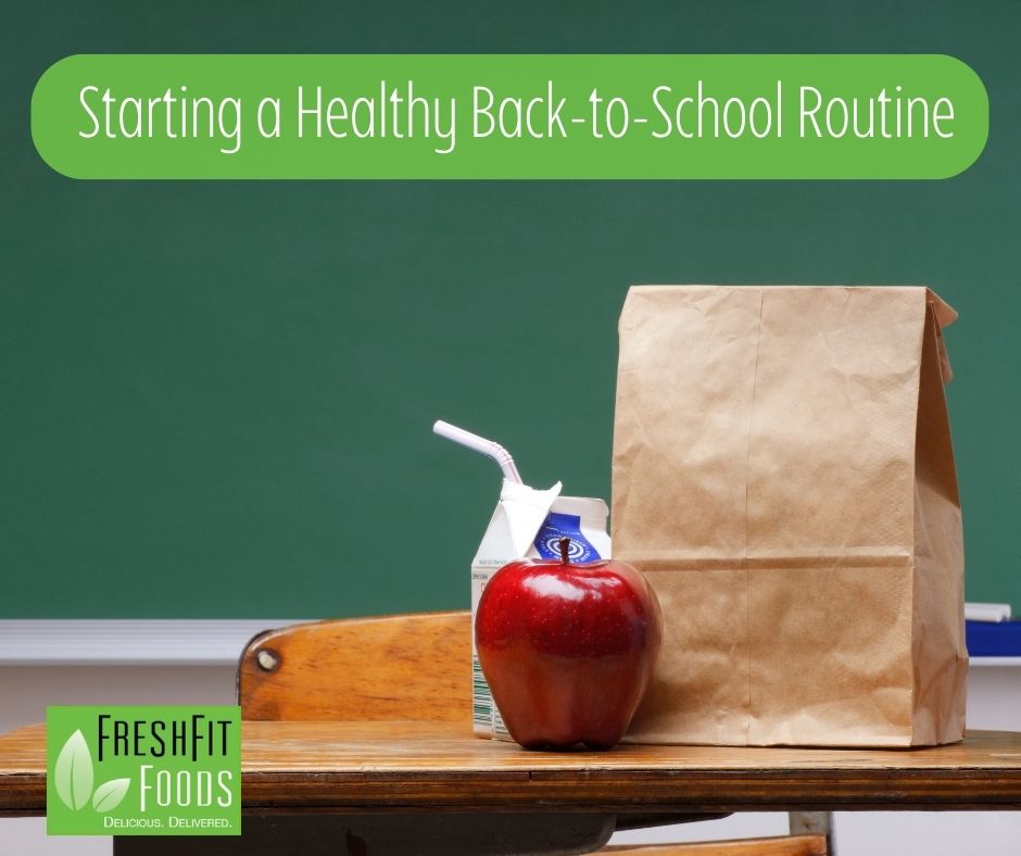 a Healthy Back-to-School packed lunch on a desk next to an apple.